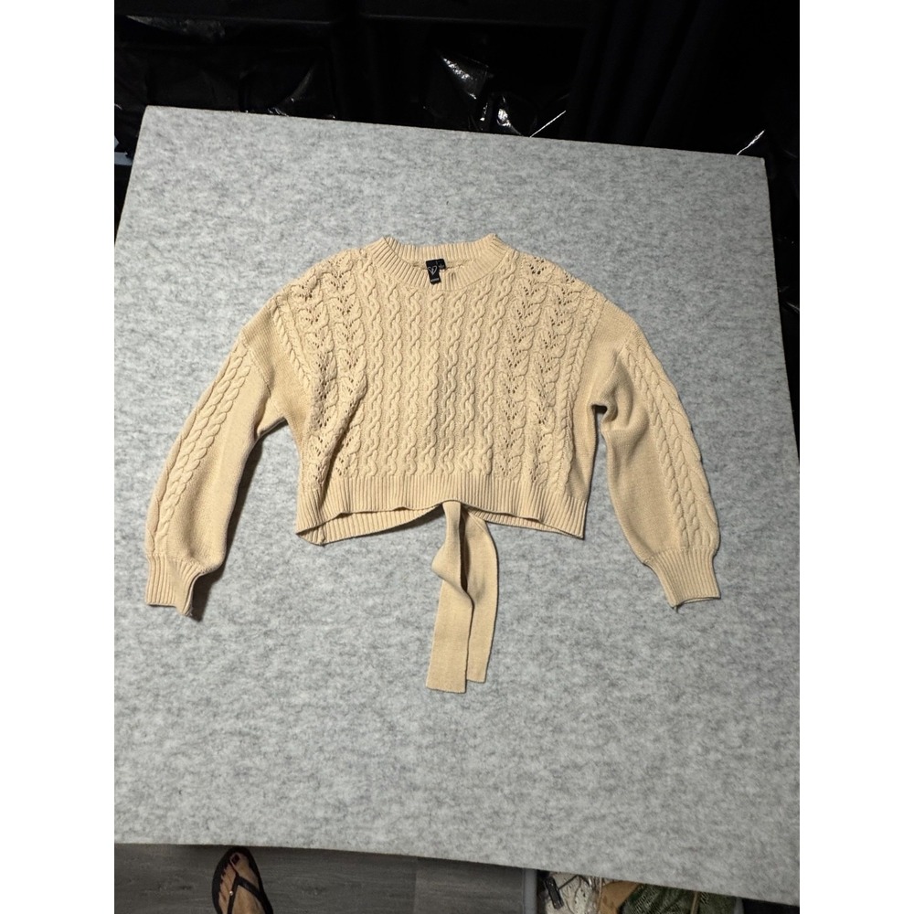 Windsor Womens Cable Knit Sweater Cream Tie Back Cropped Long Sleeve Size M l